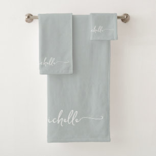 Stylish Sage Green Monogram Name Script Signature  Bath Towel Set
