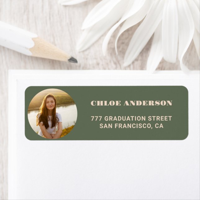 Stylish Sage Green Photo Grad Return Address Label (Insitu)