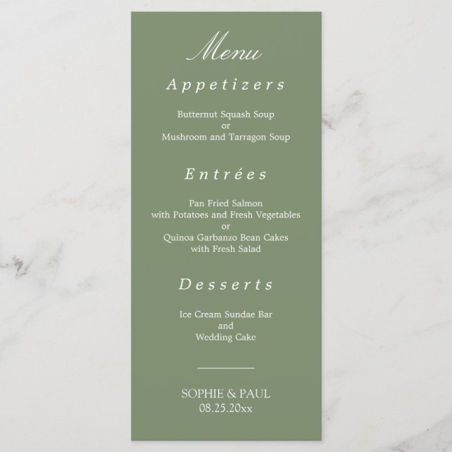 Stylish Sage Green Wedding Menu (Front)