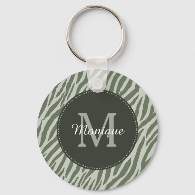 Stylish Sage Green Zebra Print Monogram and Name Key Ring (Front)
