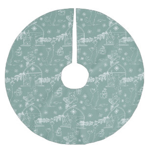 Stylish sage Hand drawn cats & Christmas tree Brushed Polyester Tree Skirt