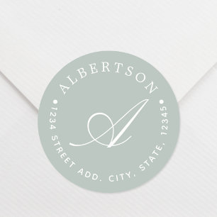 Stylish Sage Script Monogram Family Name Address Classic Round Sticker
