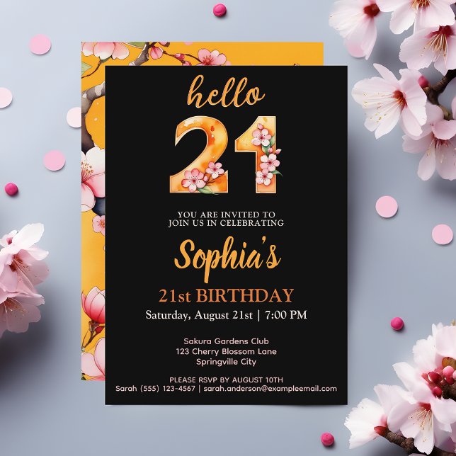 Stylish Sakura 21st Birthday Party Invitation (Hello 21 Chic Sakura Themed 21st Birthday Party Invitation - Elegance Meets Blossoming Beauty 🌸🎉)