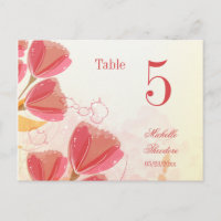 Stylish salmon pink tulips wedding table number