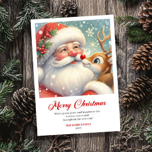 Stylish Santa Claus Rudolph Cartoon Christmas Card