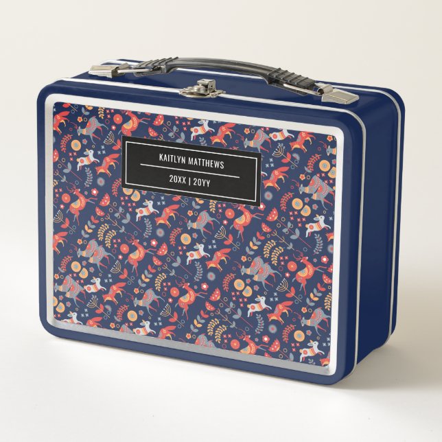 Stylish Scandinavian Animal Pattern Name Metal Lunch Box (Front)