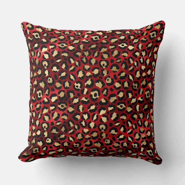 Stylish Scarlet Red and Gold Foil Leopard Spots Cushion (Front)