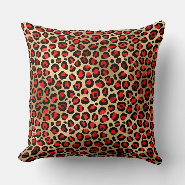 Stylish Scarlet Red and Gold Foil Leopard Spots Cushion (Front)