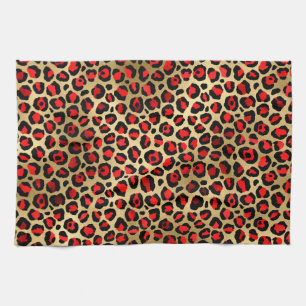 Stylish Scarlet Red and Gold Foil Leopard Spots Tea Towel