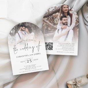 Stylish Script 2 Photos Overlay QR Code Wedding  Invitation