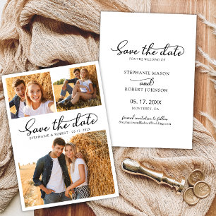 Stylish Script 3 Photo Collage Wedding Save The Date