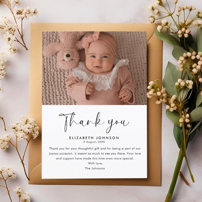 Stylish Script Baby Shower Thank You Baby Photo Postcard (Creator Uploaded)