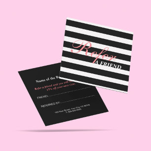 Stylish Script Black & White Stipes Beautician Referral Card