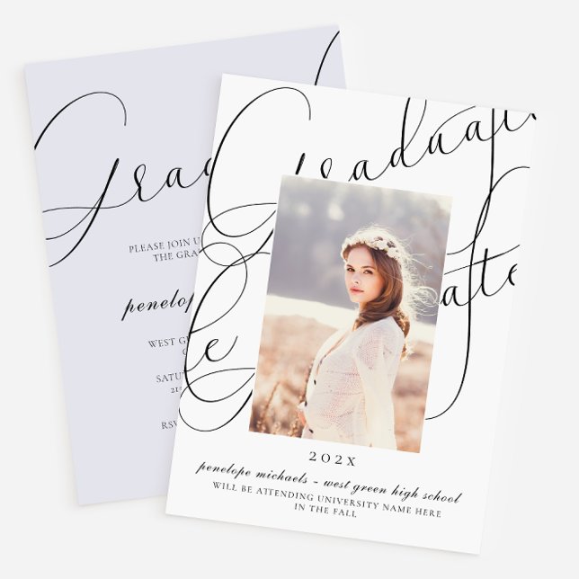 Stylish Script Blue Grey Photo Graduation Party Invitation (Creator Uploaded)