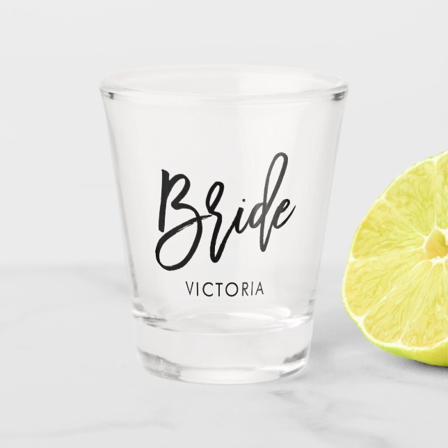 Stylish Script "Bride" Personalised Shot Glass (Front)