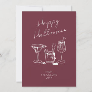 Stylish Script Burgundy Cocktails Happy Halloween Holiday Card