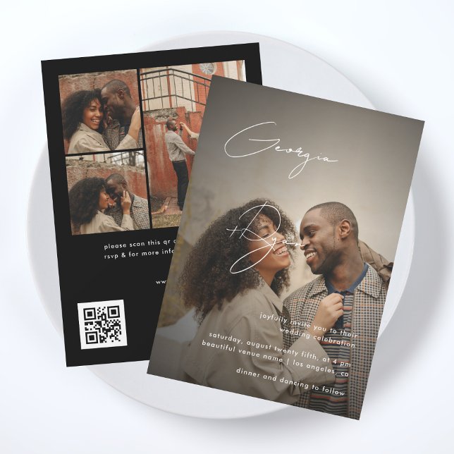 Stylish Script & Dark Fade Photo QR Code Wedding Invitation (Creator Uploaded)