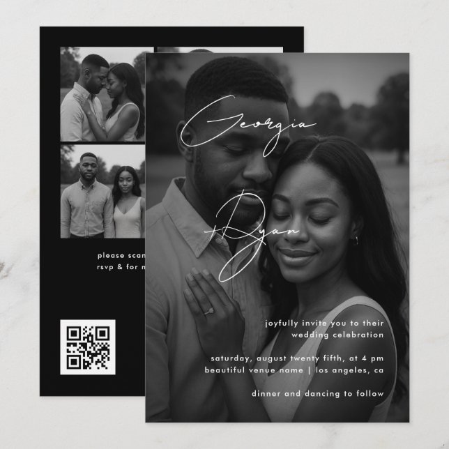 Stylish Script & Dark Faded Photo QR Code Wedding Invitation (Front/Back)