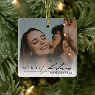 Stylish Script Elegant Photo Merry Christmas Ceramic Ornament