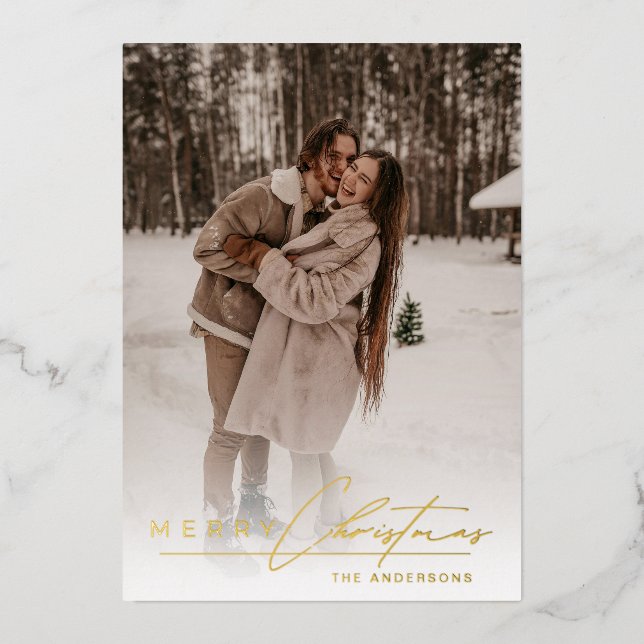 Stylish Script Elegant Photo Red Merry Christmas  Foil Holiday Card (Front)