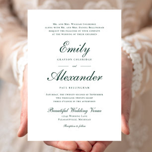 Stylish Script Emerald Green White Wedding Invitation