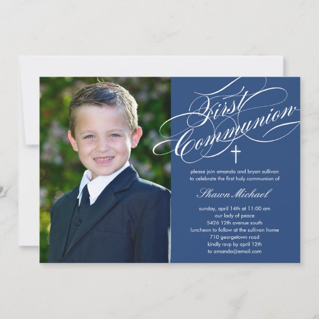 Stylish Script First Communion Invitation - Blue (Front)