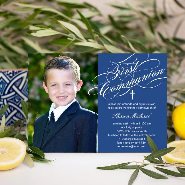 Stylish Script First Communion Invitation - Blue (Creator Uploaded)