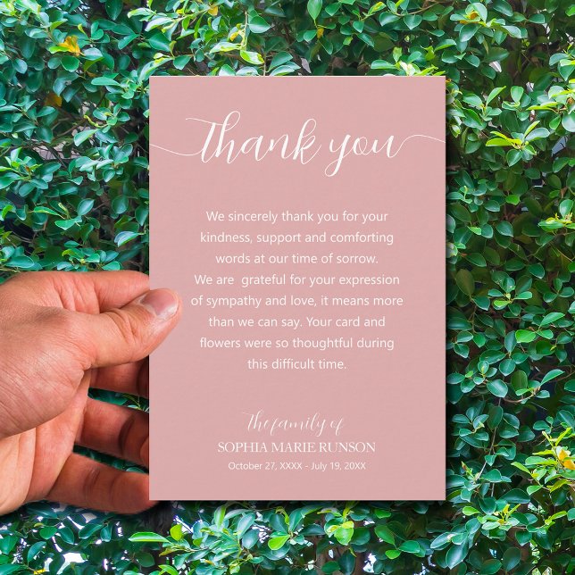 Stylish Script Funeral Thank You Card (Simple pink funeral thank you cards are 3.5" x 5" or choose a different size)