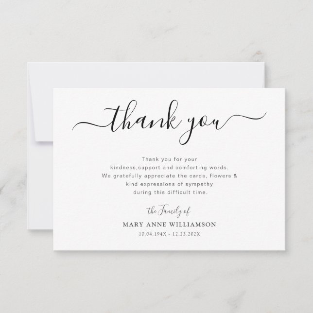 Stylish script funeral thank you note card (Front)