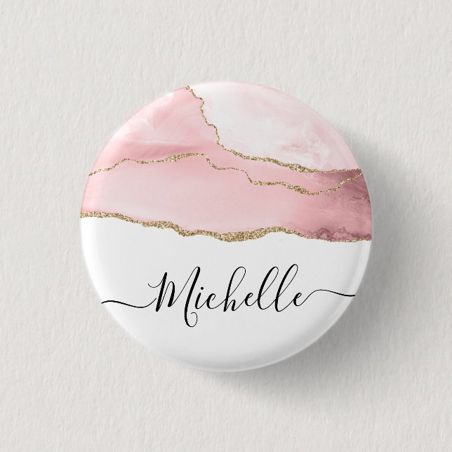 stylish script gold and blush agate personalised  3 cm round badge (Front)