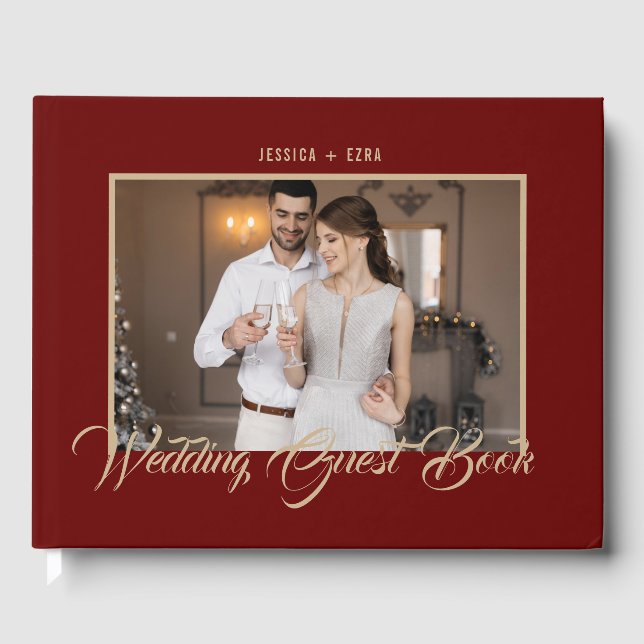 Stylish Script Gold and Burgundy | Photo Guest Book (Front)