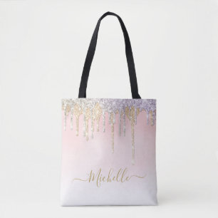 stylish script gold and silver glitter tote bag