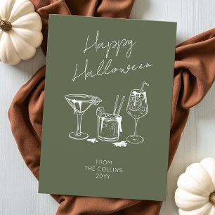 Stylish Script Green Cocktails Happy Halloween Holiday Card