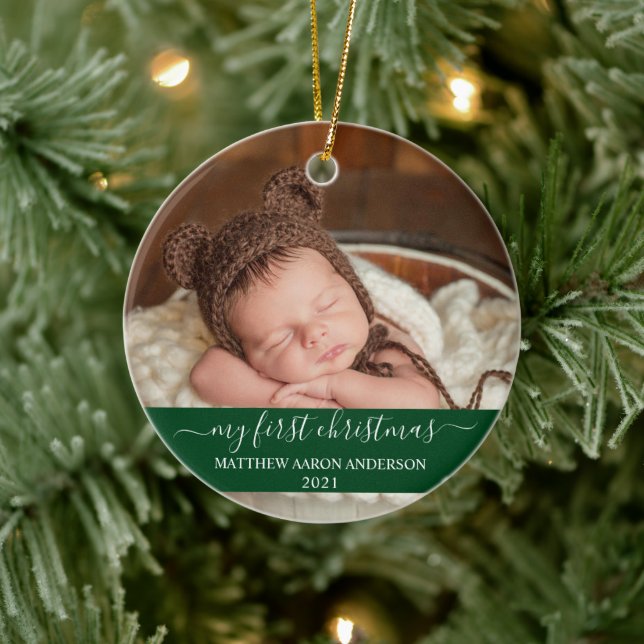 Stylish Script Green My First Christmas Baby Ceramic Ornament (Tree)