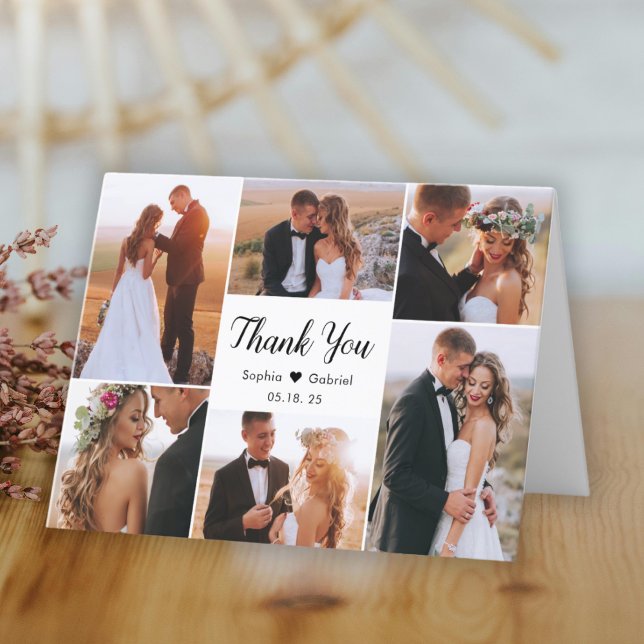 Stylish Script Heart 6 Photo Collage Wedding  Thank You Card (Creator Uploaded)