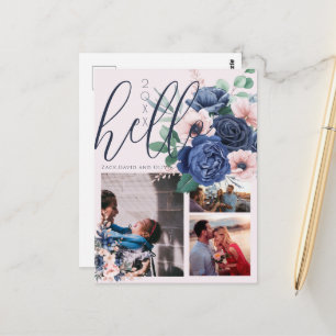 Stylish Script Hello New Year Floral 3 Photos Postcard