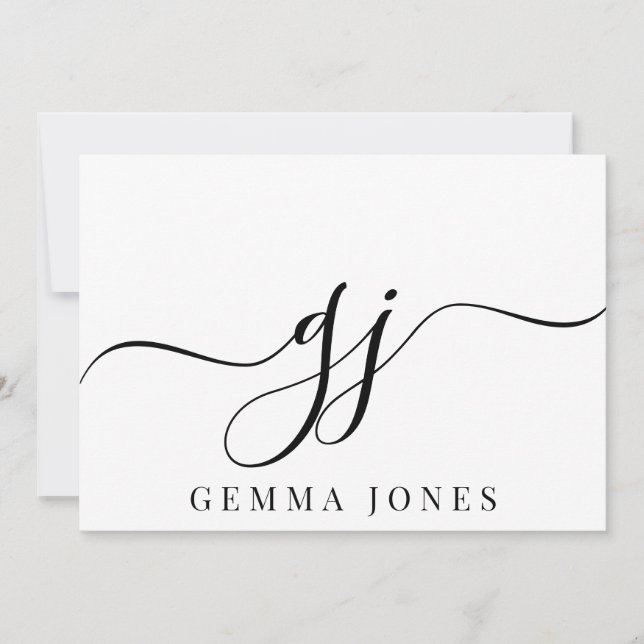 Stylish Script Initial Black Monogram On White Card (Front)
