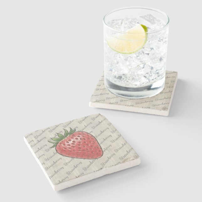 Stylish script letters in modern grey strawberry stone coaster (Side)