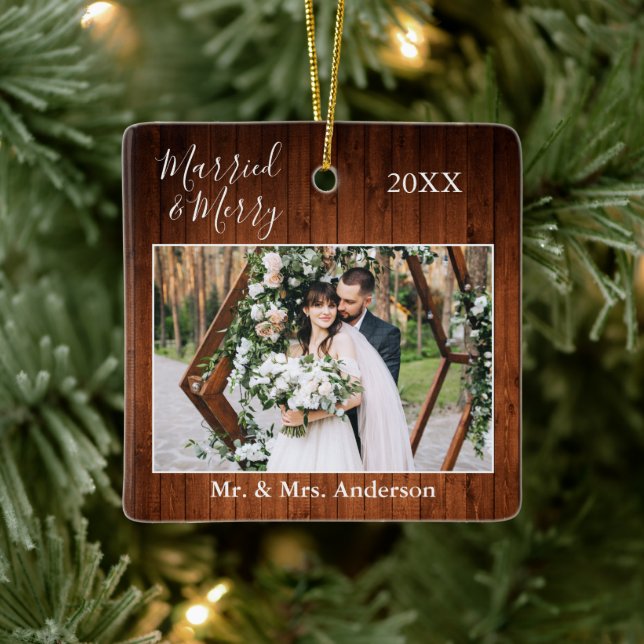 Stylish Script Married and Merry Wood Wedding  Ceramic Ornament (Tree)