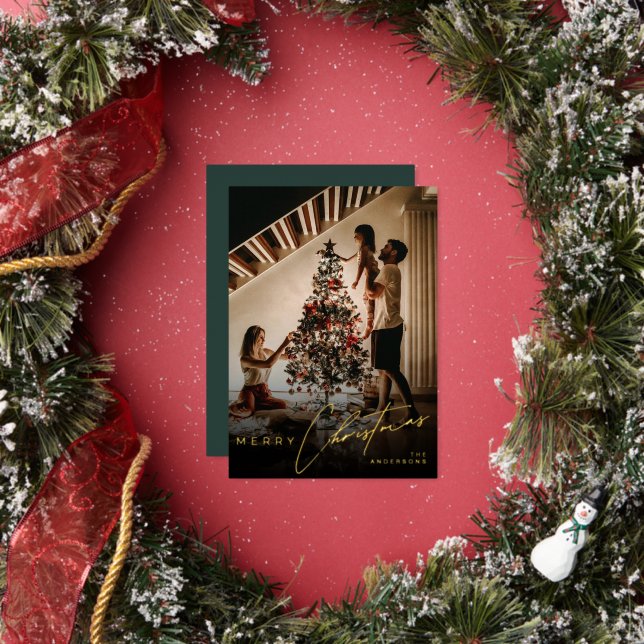 Stylish Script Minimalist 1 Photo Green Christmas Foil Holiday Card (Insitu)