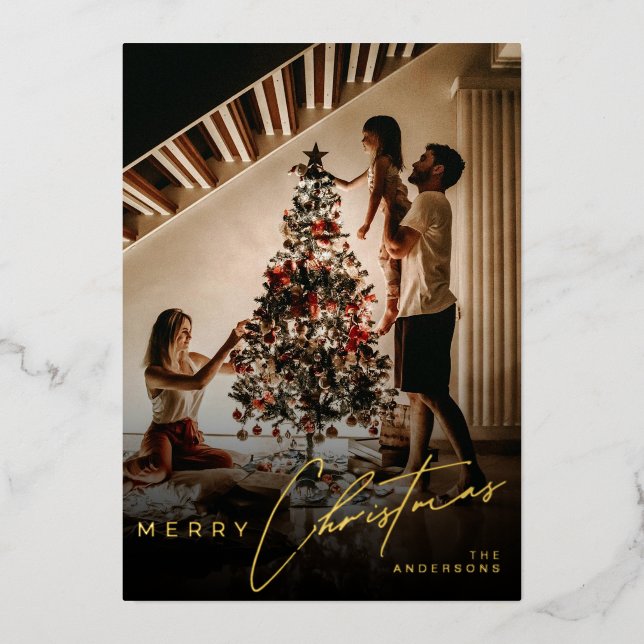 Stylish Script Minimalist 1 Photo Red Christmas Foil Holiday Card (Front)