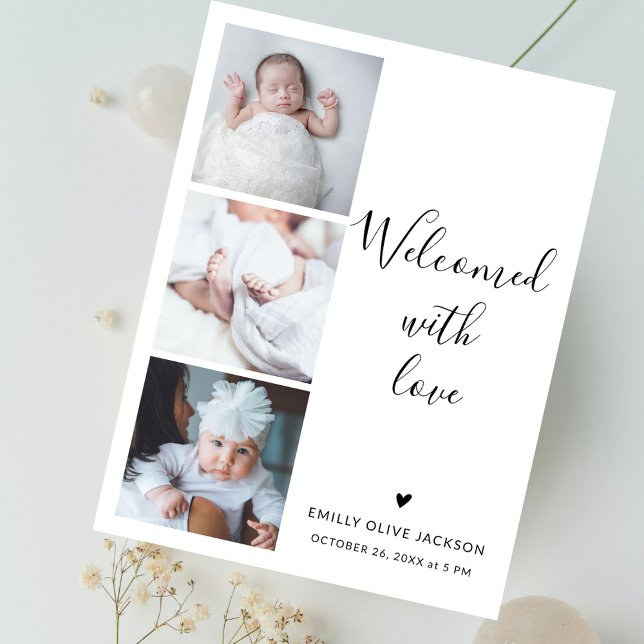 Stylish Script Minimalist 3 Photo Baby Thank You Postcard (Creator Uploaded)