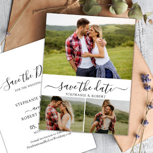 Stylish Script Minimalist 3 Photo Collage Wedding  Save The Date