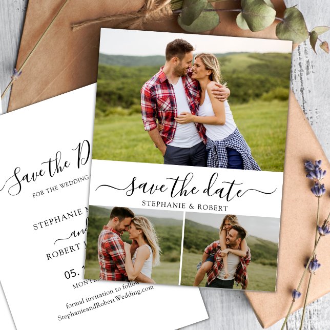 Stylish Script Minimalist 3 Photo Collage Wedding  Save The Date (Creator Uploaded)