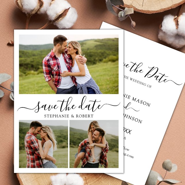 Stylish Script Minimalist 3 Photo Collage Wedding Save The Date (Creator Uploaded)