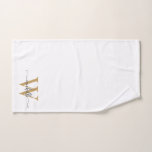 Stylish Script Modern White Gold Monogram Name Hand Towel<br><div class="desc">Stylish Girly Feminine Modern White and Gold Monogram Initial Name Signature Script Custom Personalised Hand Towel. Featuring a first name (or family name) in a pretty hand lettered style swash tail font typography (or calligraphy) with monogram initial in gold and black on white colour background. Great stylish feminine housewarming gift,...</div>