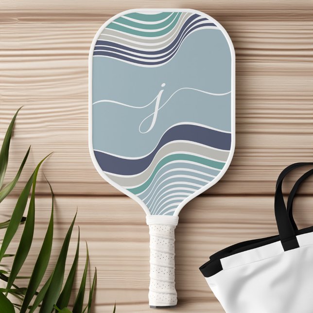 Stylish Script Monogram Abstract Retro Blue Wavy Pickleball Paddle (Stylish Script Monogram Abstract Retro Blue Wavy Pickleball Paddle)