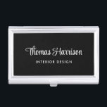 Stylish Script Monogram Black Business Card Holder<br><div class="desc">Modern professional black business card case featuring your name monogrammed in a stylish white script and your title in simple white lettering.</div>