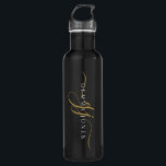 Stylish Script Monogram Initials Gold Black 710 Ml Water Bottle<br><div class="desc">An elegant modern minimalist style monogrammed water bottle with a sans serif name and elegant gold swash script initials on black.</div>
