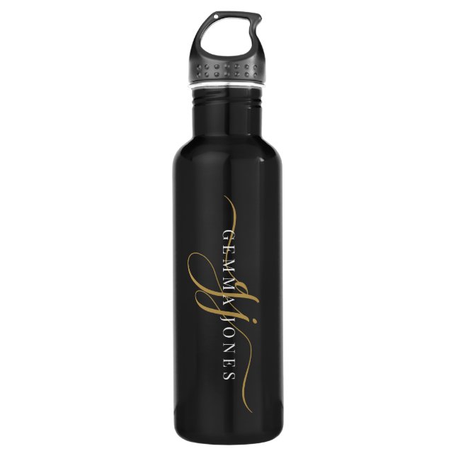Stylish Script Monogram Initials Gold Black 710 Ml Water Bottle (Front)